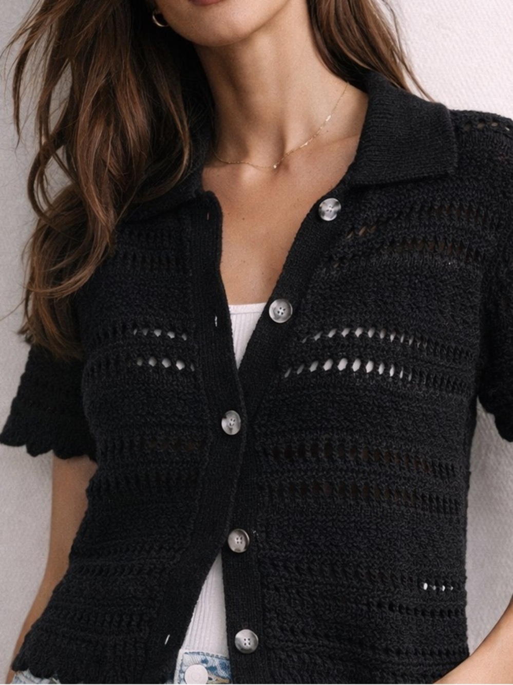 Francesca’s Black Crochet Knit Cardigan Short Sleeve Button Front Size M
